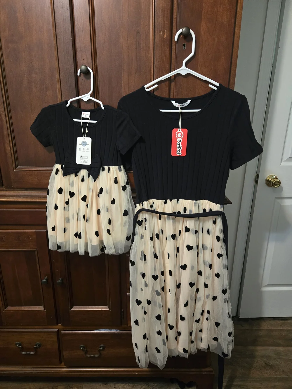 PatPat Black & Cream Heart Tulle Matching Dress Set